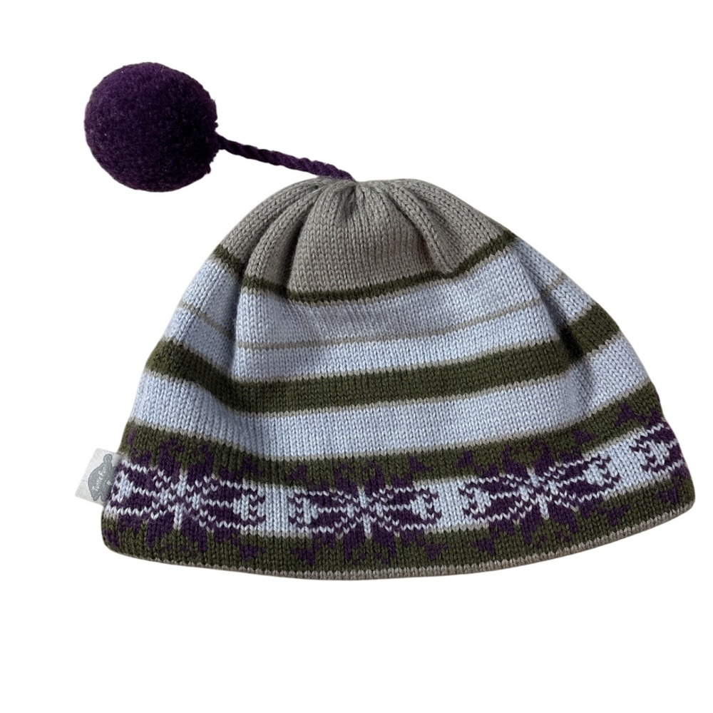 Turtle Fur Knit Beanie Hat Adult Purple Green Pom Stripes Winter Warm Wool‎